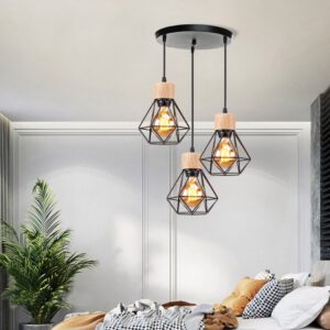 Lampadario Camera Da Letto A Tre Luci Con Paralume In Legno E Metallo