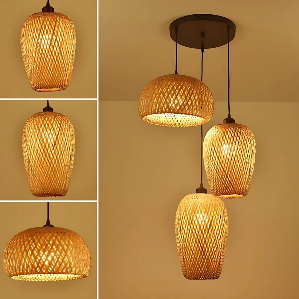 Lampadario Camera Da Letto A Tre Luci LED In Vimini Intrecciato A Mano – Vista 03