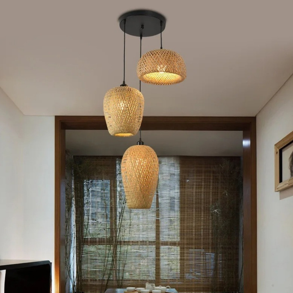 Lampadario Camera Da Letto A Tre Luci LED In Vimini Intrecciato A Mano – Vista 04