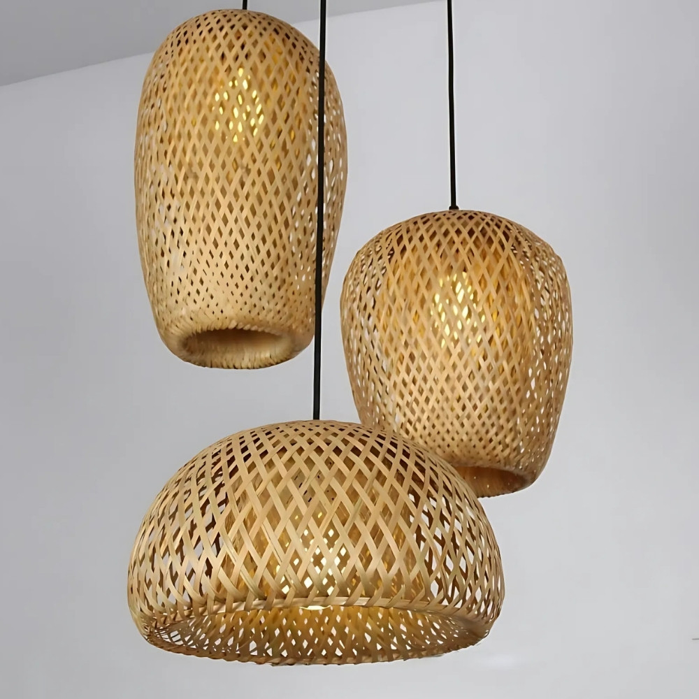 Lampadario Camera Da Letto A Tre Luci LED In Vimini Intrecciato A Mano – Vista 06