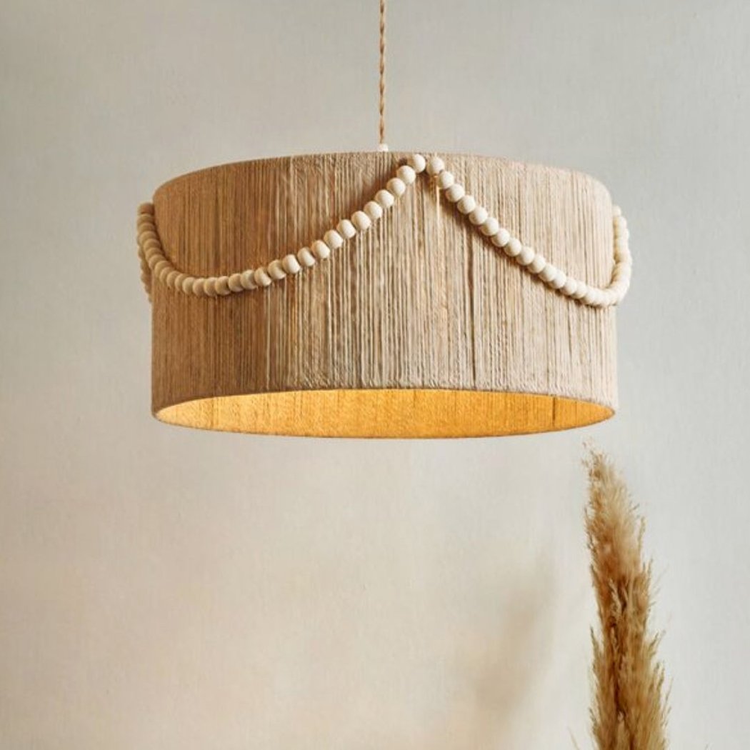 Lampadario Camera Da Letto Boho Retrò In Rattan Intrecciato A Mano Con Perle Di Legno