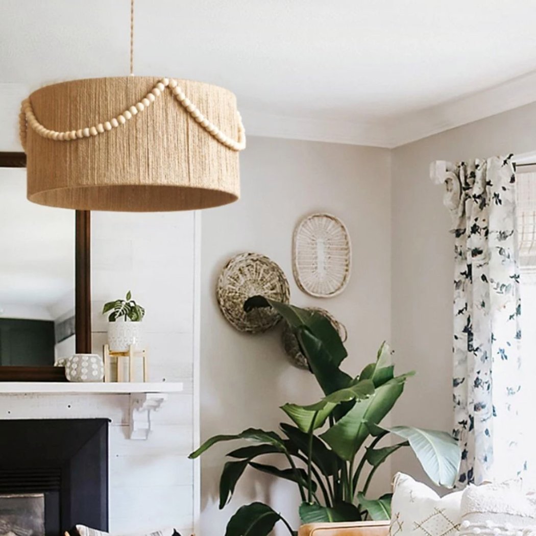 Lampadario Camera Da Letto Boho Retrò In Rattan Intrecciato A Mano Con Perle Di Legno – Vista 02