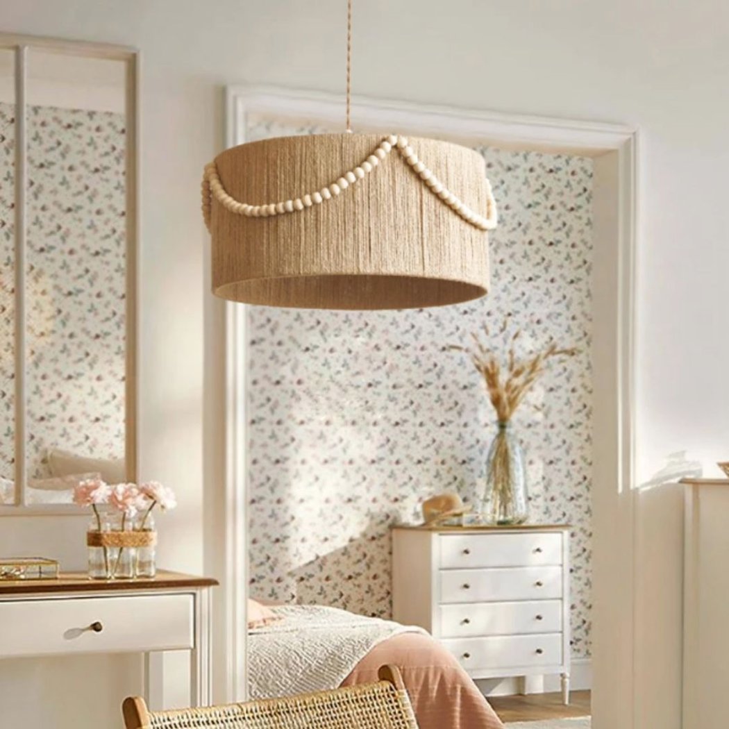 Lampadario Camera Da Letto Boho Retrò In Rattan Intrecciato A Mano Con Perle Di Legno – Vista 03