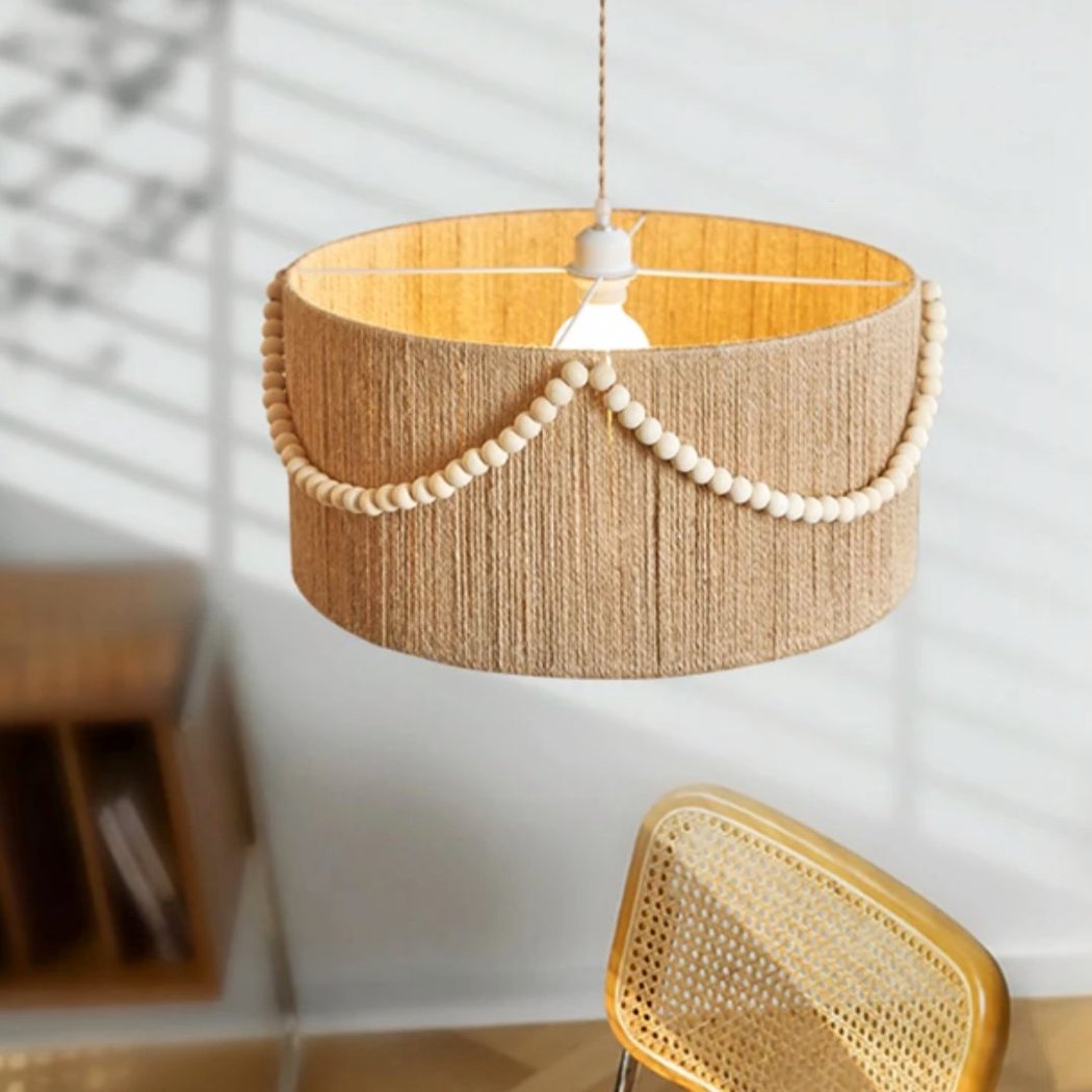 Lampadario Camera Da Letto Boho Retrò In Rattan Intrecciato A Mano Con Perle Di Legno – Vista 04