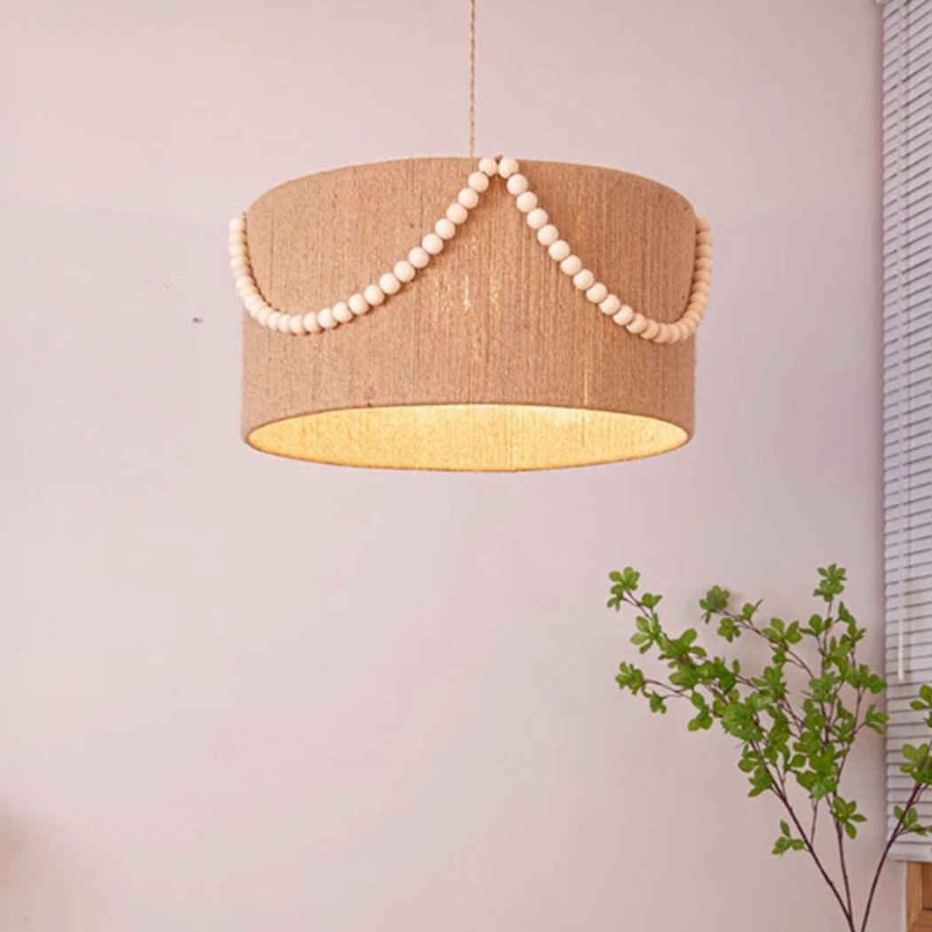 Lampadario Camera Da Letto Boho Retrò In Rattan Intrecciato A Mano Con Perle Di Legno – Vista 05