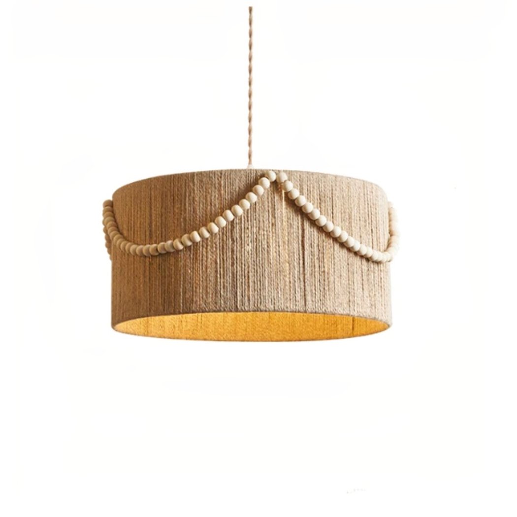 Lampadario Camera Da Letto Boho Retrò In Rattan Intrecciato A Mano Con Perle Di Legno – Vista 06