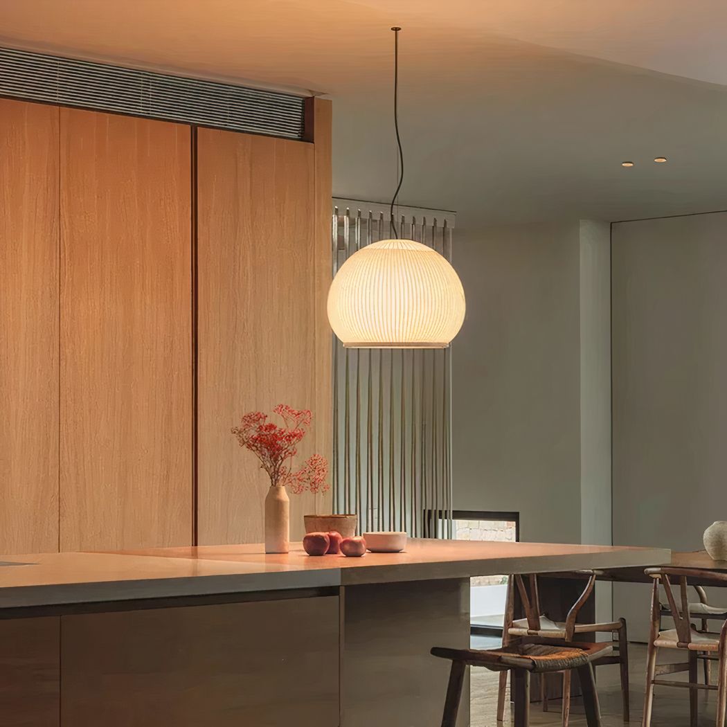 Lampadario Camera Da Letto Japandi A Luce Soffusa Con Trama Intrecciata – Vista 02