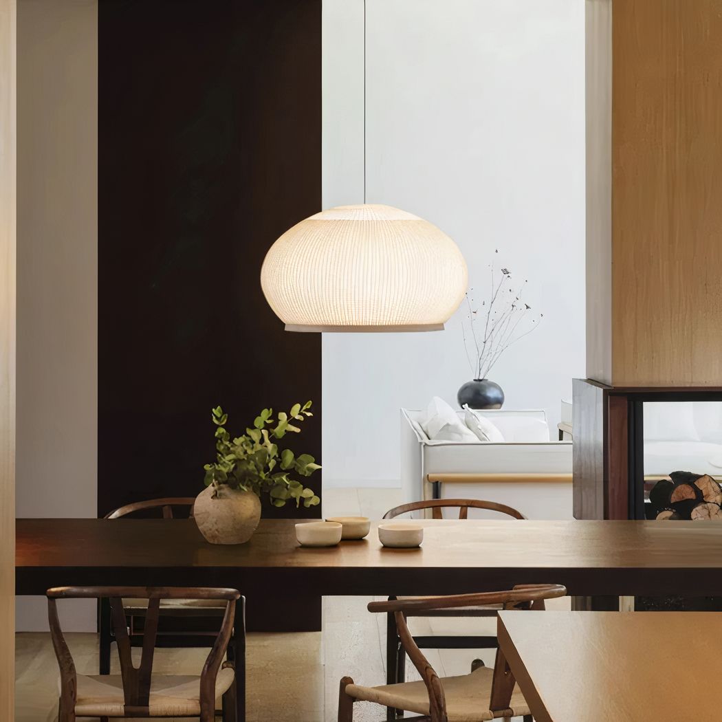 Lampadario Camera Da Letto Japandi A Luce Soffusa Con Trama Intrecciata – Vista 05