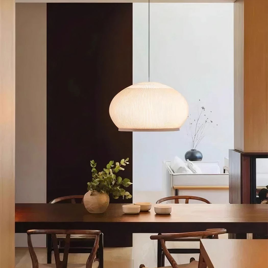 Lampadario Camera Da Letto Japandi A Luce Soffusa Con Trama Intrecciata – Vista 06
