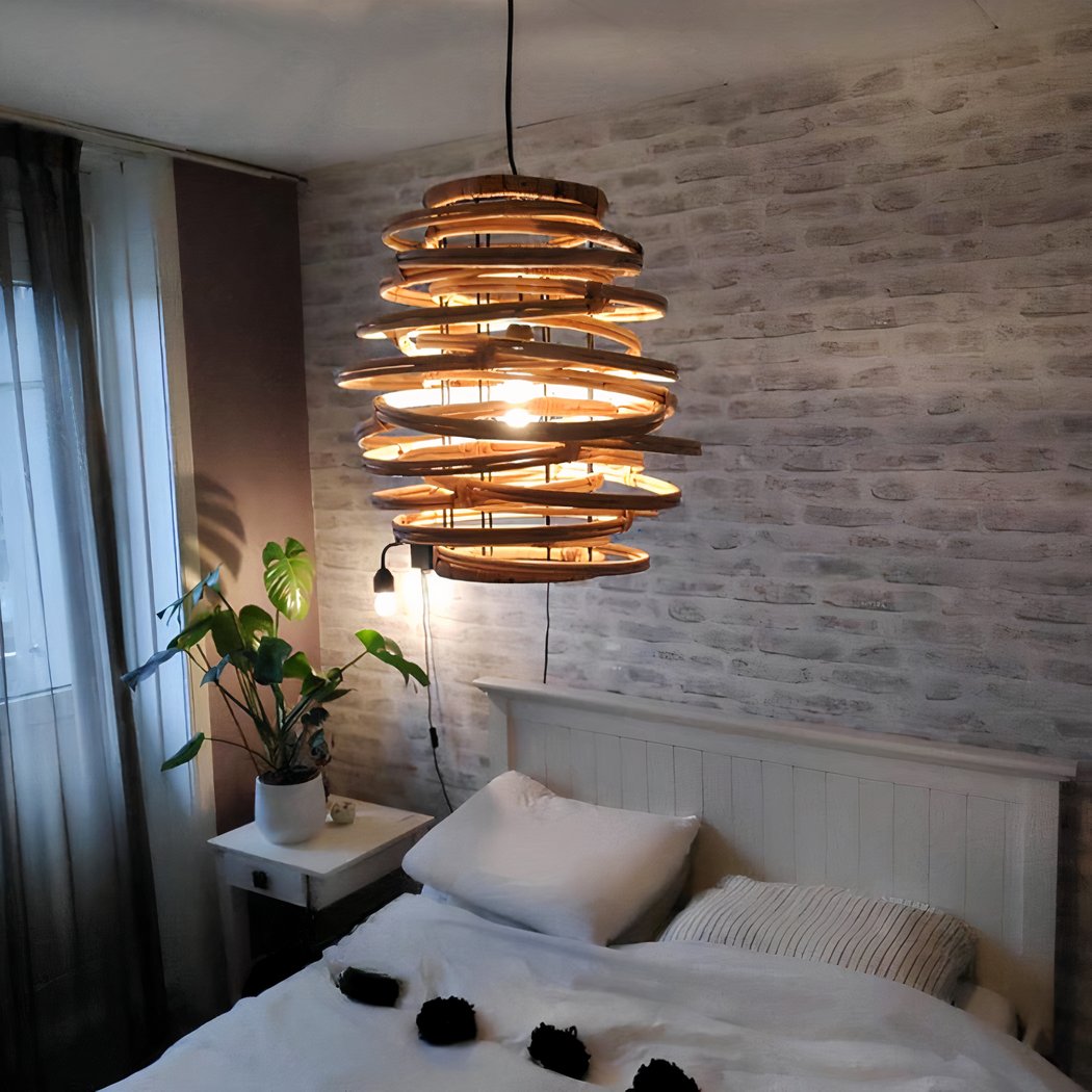 Lampadario Camera Da Letto Legno Vintage Con Spirali – Vista 03
