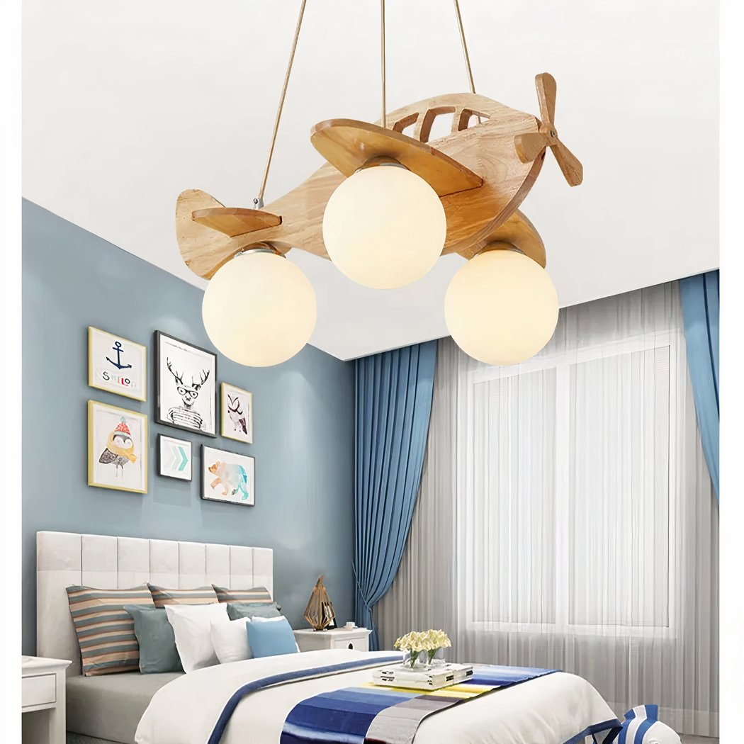 Lampadario Camera Da Letto Per Bambini LED Aeroplano In Legno – Vista 04