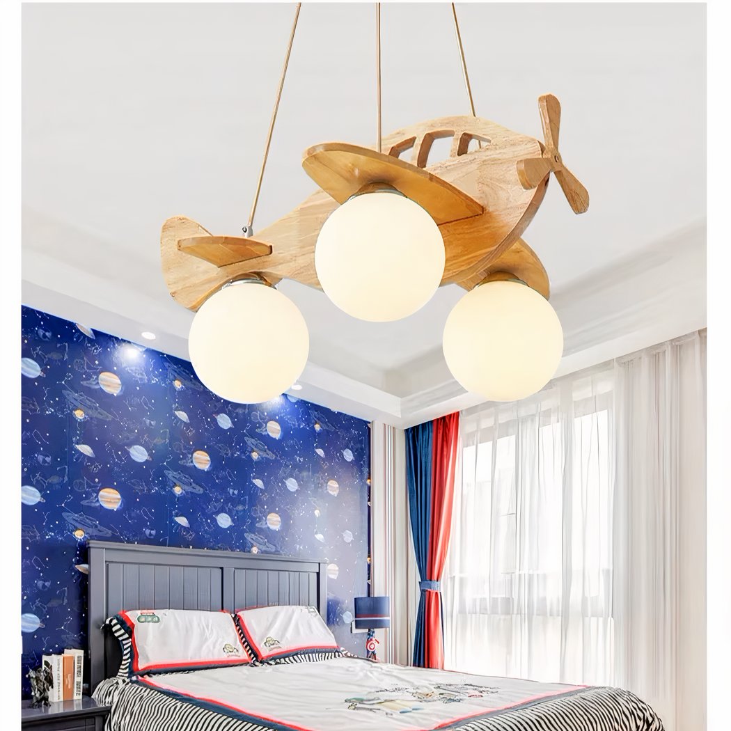 Lampadario Camera Da Letto Per Bambini LED Aeroplano In Legno – Vista 05