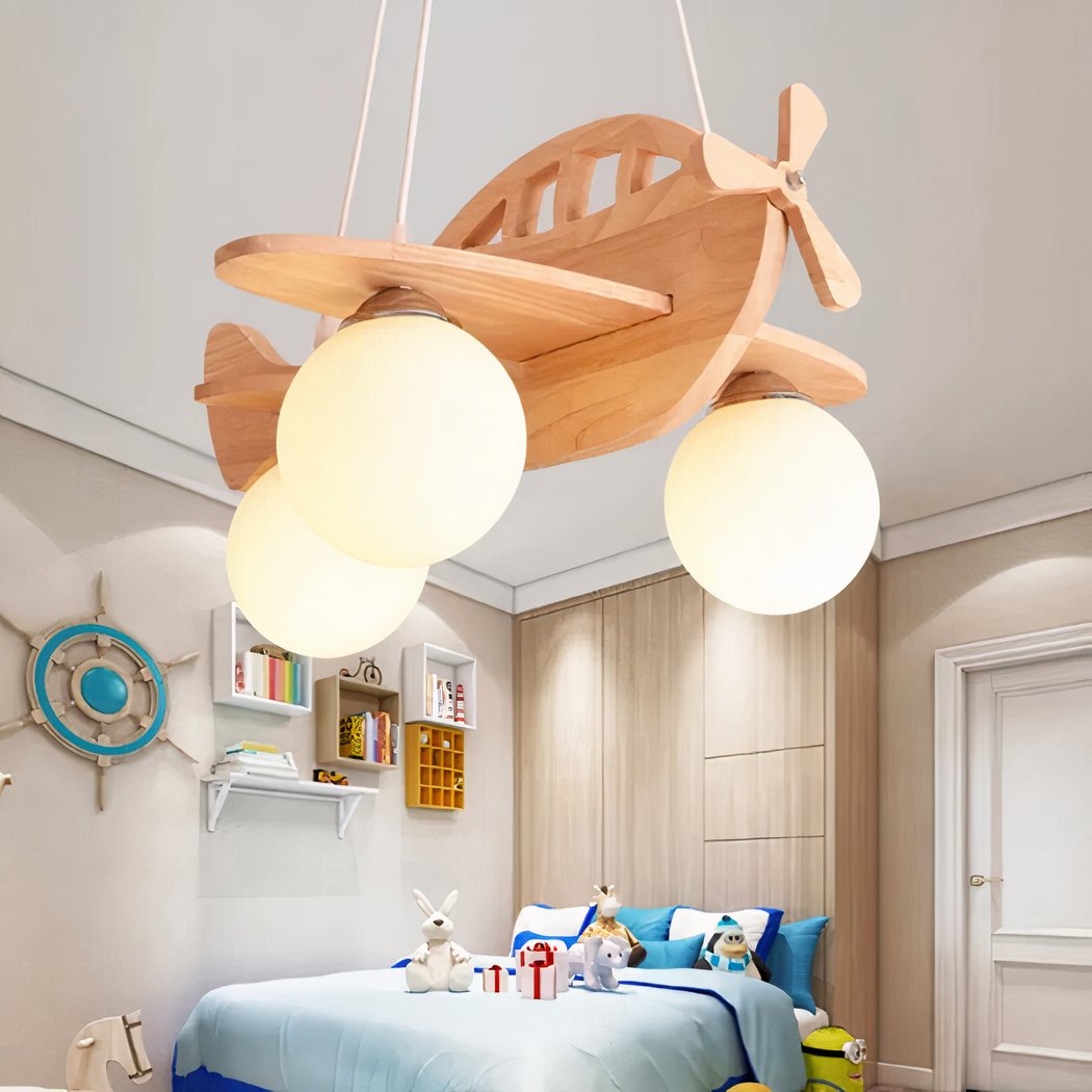 Lampadario Camera Da Letto Per Bambini LED Aeroplano In Legno – Vista 07