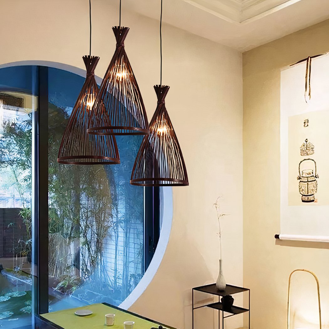 Lampadario Camera Da Letto Rattan Fatto A Mano In Stile Cinese A Tre Luci – Vista 02